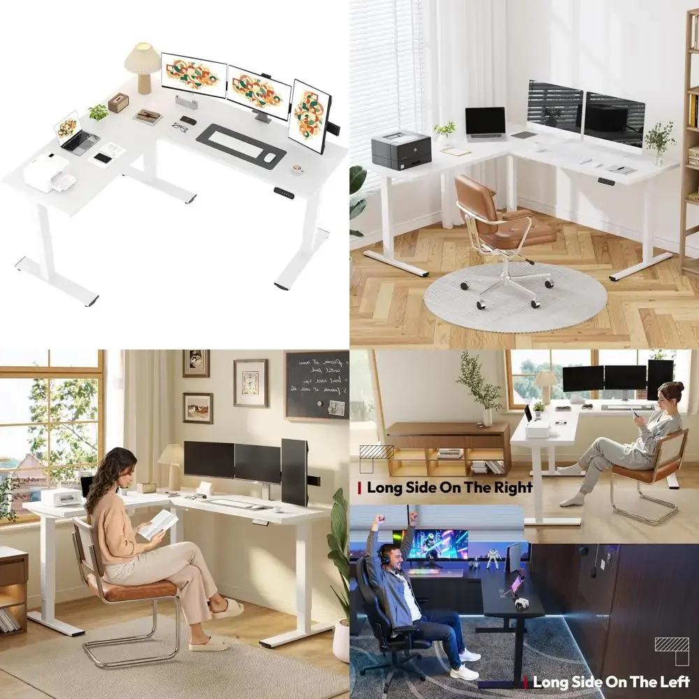 مكتب زاوية كهربائي بارتفاع قابل للتعديل، طاولة كمبيوتر بحامل للجلوس على شكل 71 × 63 لتر مع تخطيط واسع
