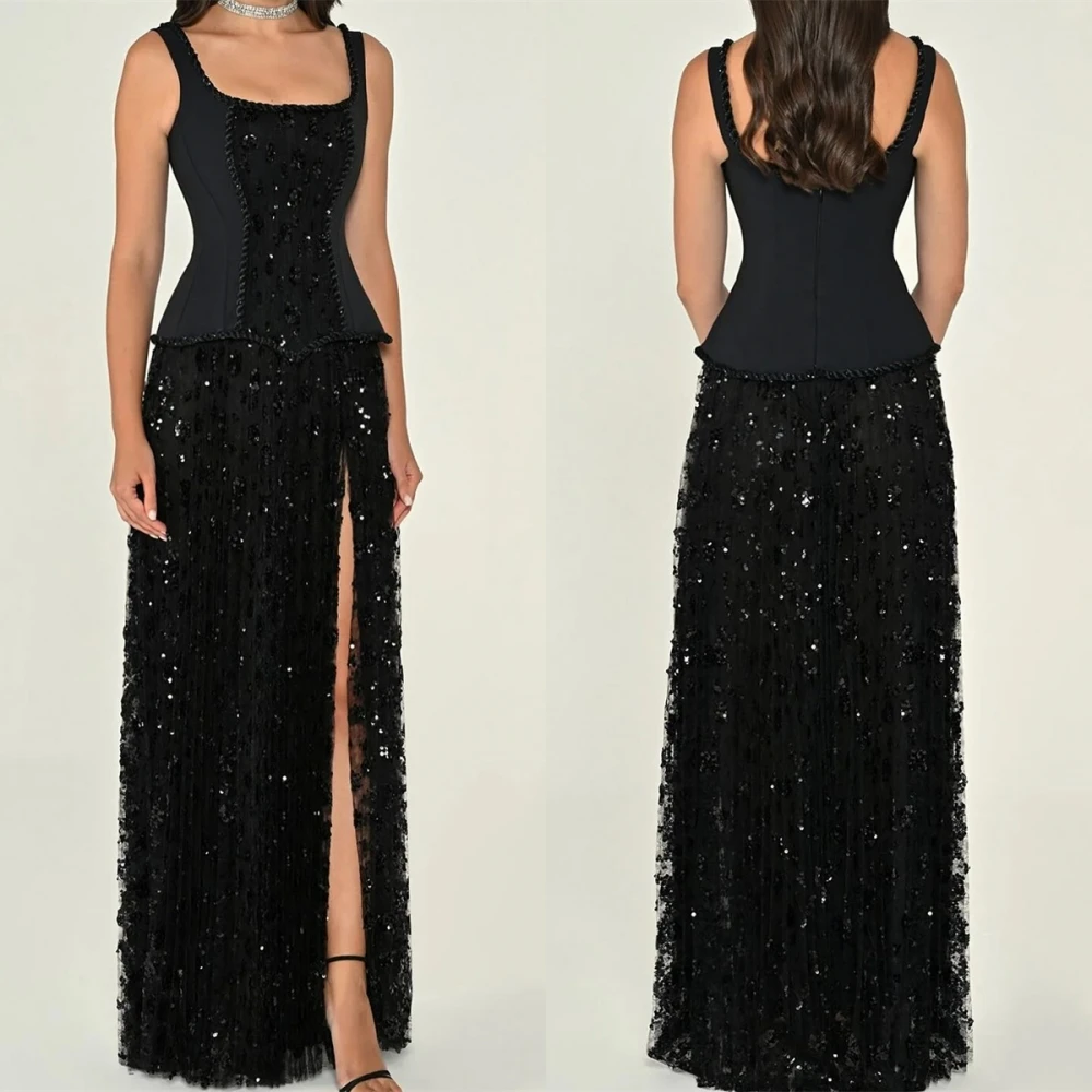 

Customized Elegant Black Organza Evening Dress Formal Scoop Spaghetti Straps Party Dress Classic Beading Appliques Prom Dresses