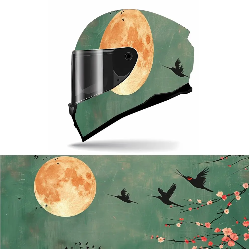 

Blooming plum blossoms, birds flying towards the moon Print Full Helmet Wrap Sticker Motorcycle Helmet Racing Graphic Decal Viny