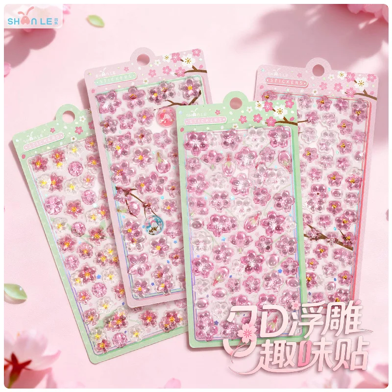 Japanese Cherry Blossom 3D Crystal Embossed Puffy Stickers, Cute Decor Stickers , Water Bottle Phone Case DIY Decorative Decals