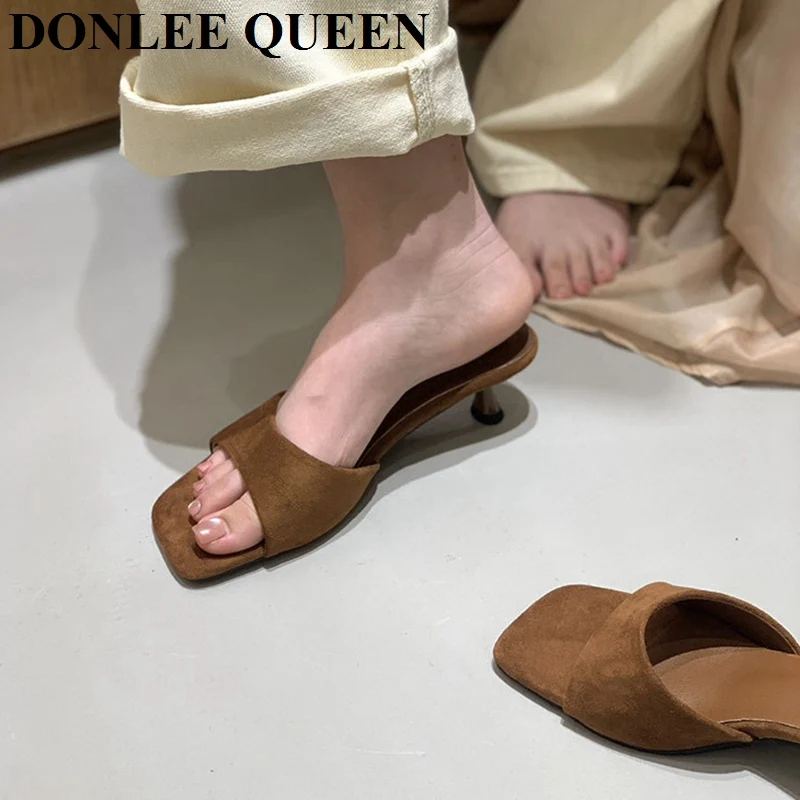 2026 New Fashion Thin Heels Slippers Women Female Slides Med Heel Brand Narrow Band Sandal Party Shoes  Sandalias De Las Mujeres