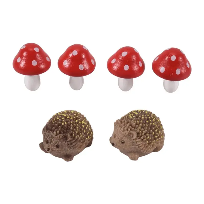 KYCOR-5 Set Garden Fairy Accessories Resin Hedgehogs And Wood Mushroom Miniature Decorations For Bonsai Craft