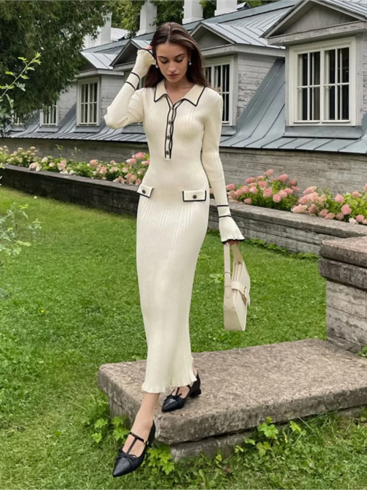 Nuevo Otoño Invierno elegante tejido largo volantes Dressres 2025 mujer botones de cintura alta cuello vuelto vestidos ajustados Mujer