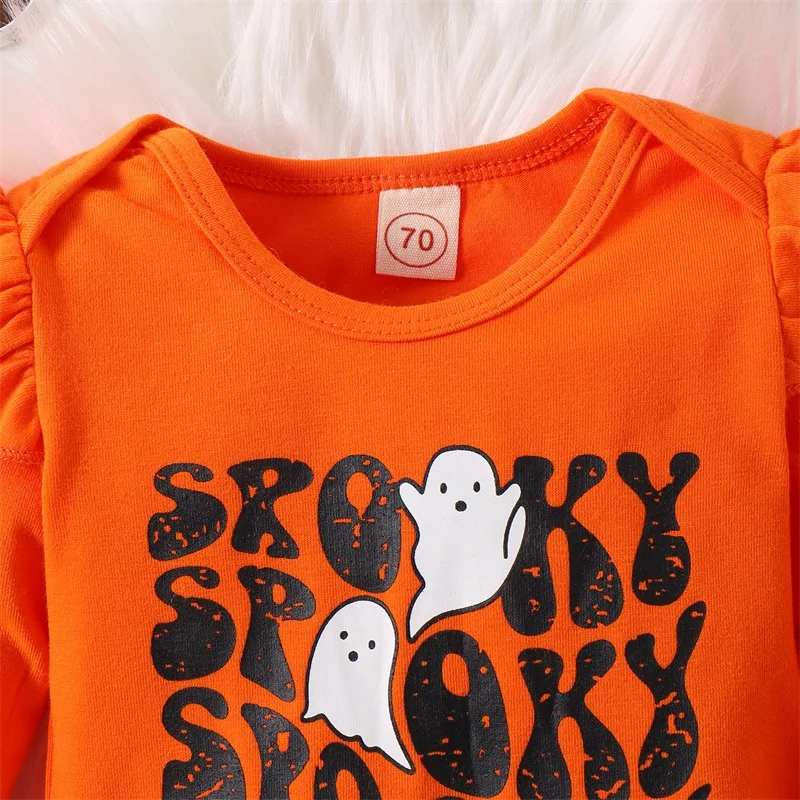 Conjuntos de otoño para niña pequeña, mono de manga larga con estampado de letras, pantalones acampanados con estampado de fantasma y calavera de calabaza, conjunto de disfraz de Halloween de 2 uds.