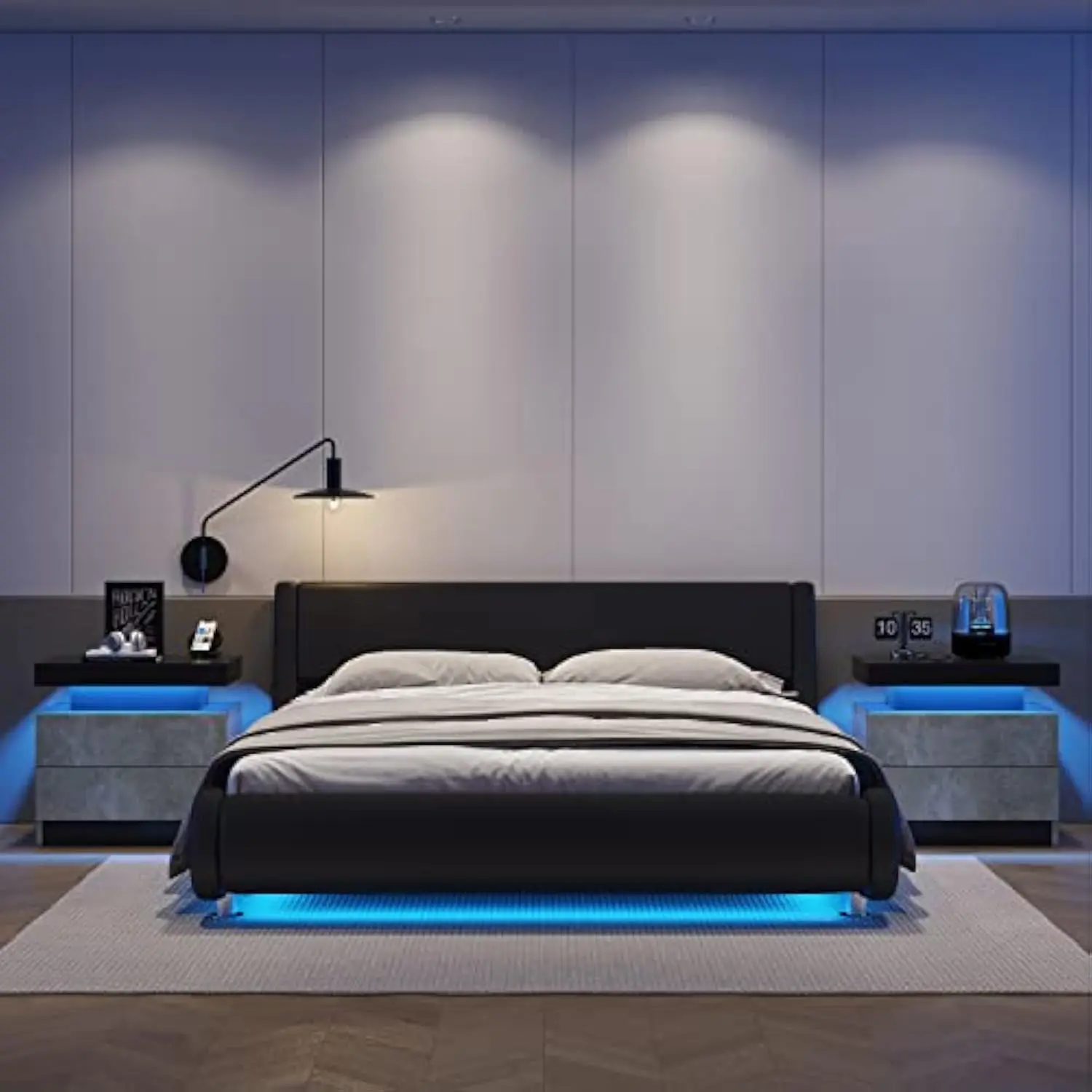 Conjunto de 2 mesinhas de cabeceira LED, mesa lateral moderna com 2 gavetas, móveis de quarto LED para quarto e sala de estar, cinza