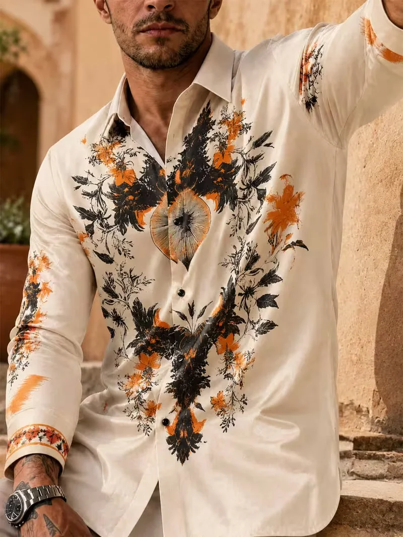 New men's gold-plated thorn rose printed long sleeved shirt with drape satin trend men's lapel cardigan top