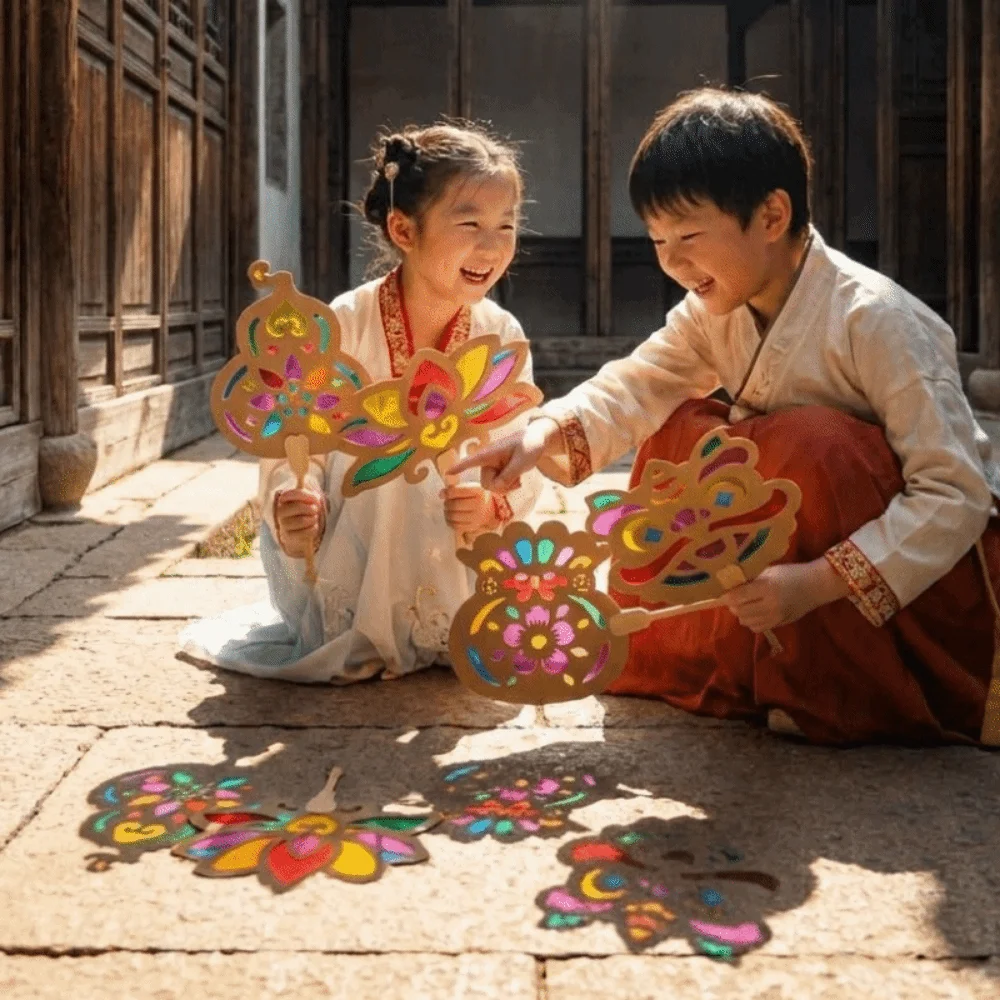 Handmade Light and Shadow Fan Eco-friendly Color Enlightenment Mid-Autumn Festival Fan DIY Material Kit Cardboard Fan