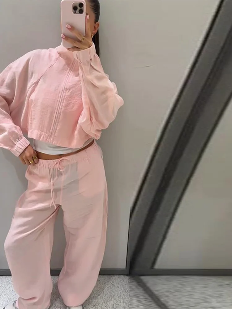 Damen-Hosenanzug 2-teilig mit Stehkragen, Laternenärmeln, Kurzmantel und Weiten Hosen, Modische Streetwear für Damen, Neu – Detail 7