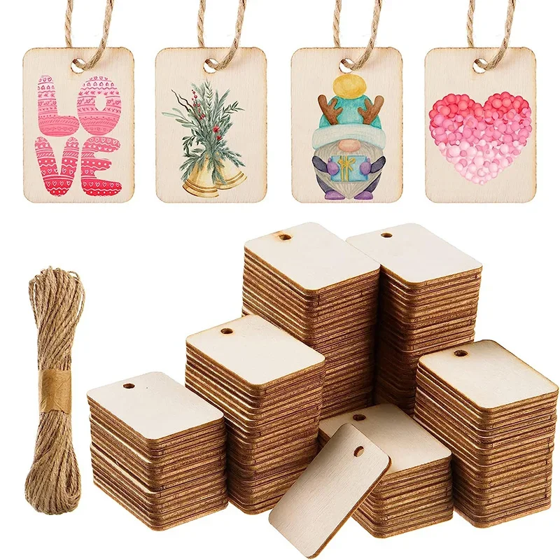 25/50/Pcs Unfinished Wood Pieces Blank Wooden Rectangle with Holes Wood Tags Bookmark Hemp Rope for DIY Craft Christmas Hanging