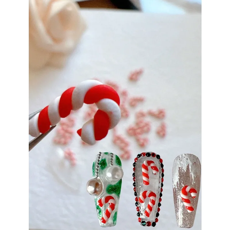 30Pcs Christmas Candy Cane Nail Charms, Winter 3D Soft Clay Ornaments, Lovely Holiday Decor for DIY Manicure Press On Nail Art