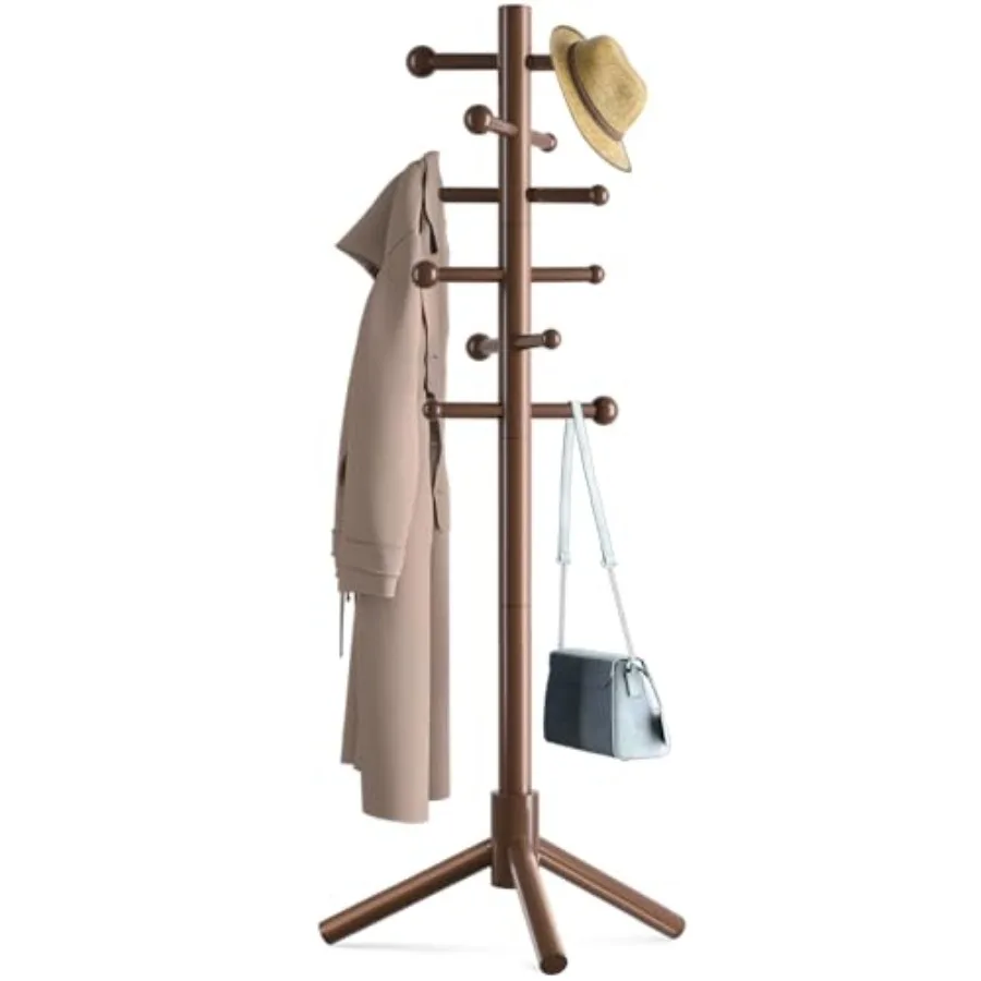 

Wooden Coat Rack Freestanding with 12 Hooks 3 Adjustable Heights Standing Coat Rack Tree for Hat and Coat Rack for Small Spaces