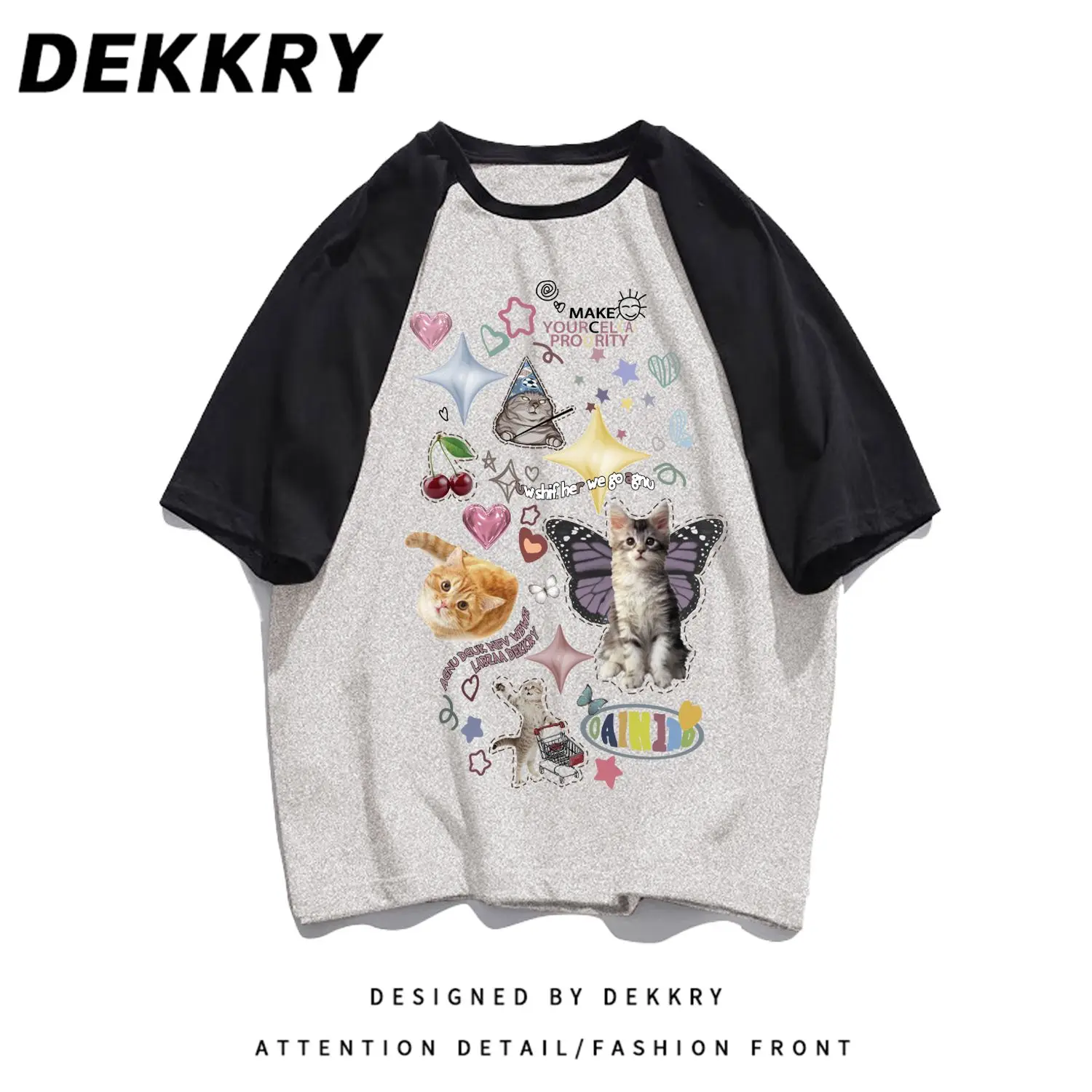 Vintage Cartoon Cats Animal Printing T Shirts Teenage Preppy Kawaii Tee American Style Summer Cotton Tops Korean Fashion Brand