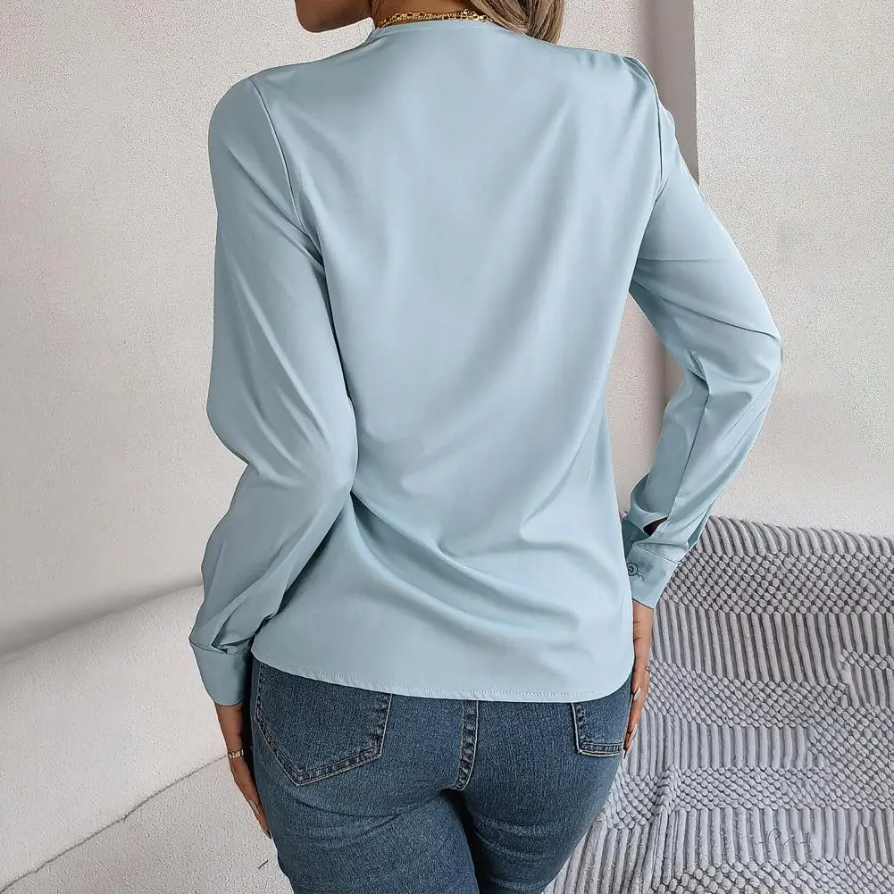 

V-neck Tops Stylish Layered Collar V-neck Women's Shirt for Casual Wear Long Sleeve Solid Color Top with Loose Fit for Daily