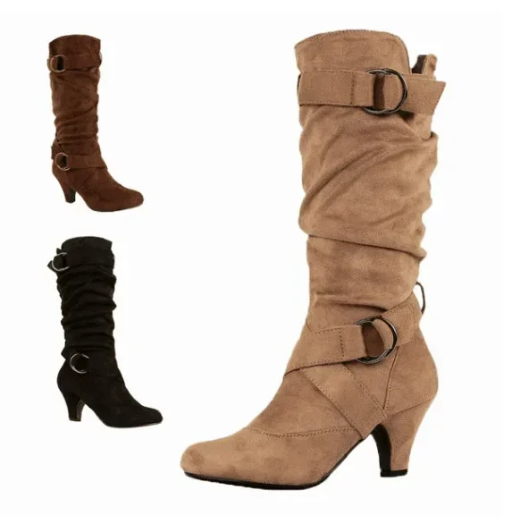 Damen Vintage Wildleder Kniestiefel mit Runder Zehenkappe und Stiletto-Absatz, Western-Cowboy-Stil, für den Alltag, Modische Wadenstiefel – Detail 2