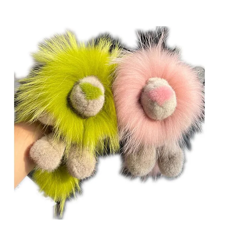 

2023 New Cute Luxury Small Lion Pendant Genuine MInk fur Keychain Gift Women Colorful Bag Ornaments Key Ring Plush Toys Gift