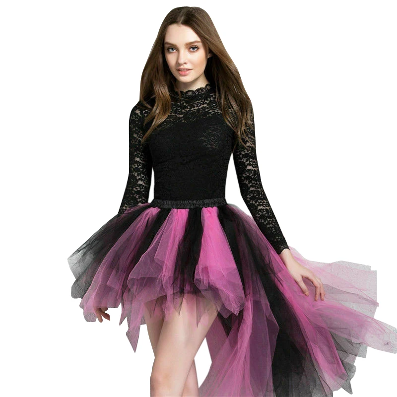 Gonne tutù Tulle Sottoveste alta bassa Donna Trambusto pieghettato irregolare Fantasia Danza Pettiskirt Cocktail Party Nero Fucsia Blu