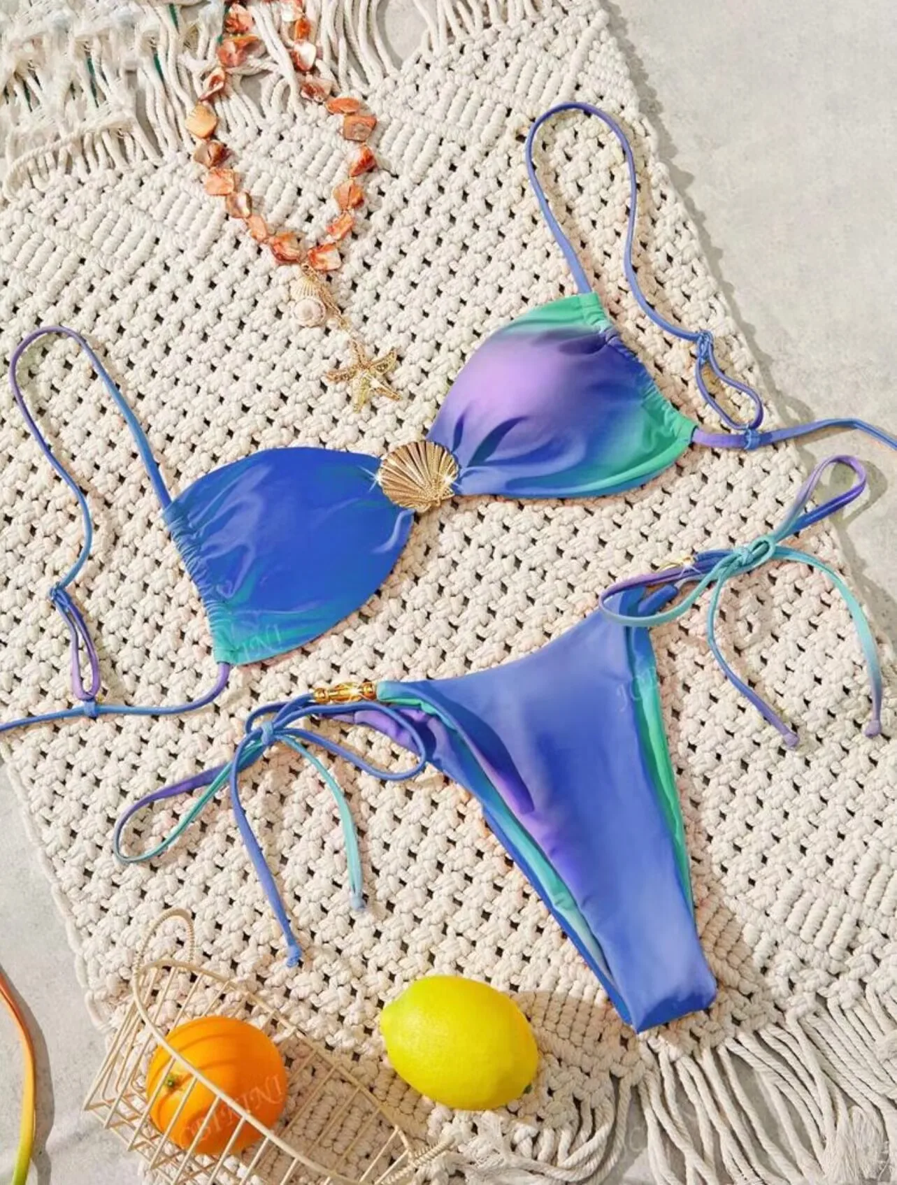 2025 Push Up Bandeau Micro Bikini Set Women's Solid Color Tie-Front Two Piece Small Chest Swimwear Summer Holiday Beach Clothes