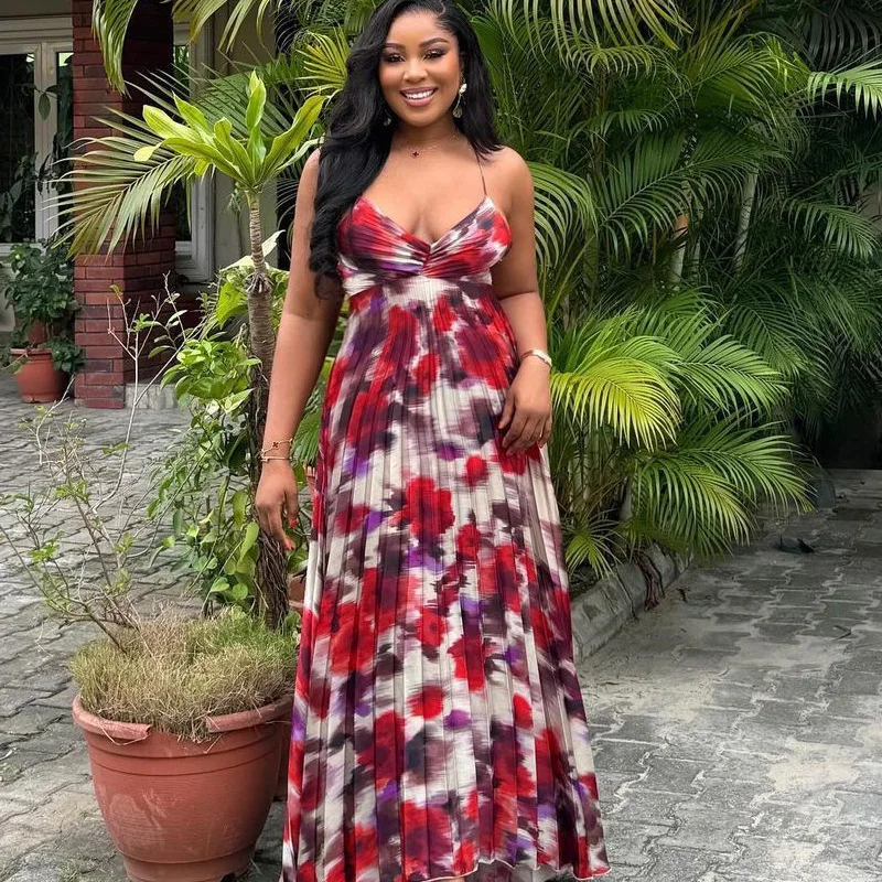 

Women's printed pleated camisole long skirt plus size sexy dress for women