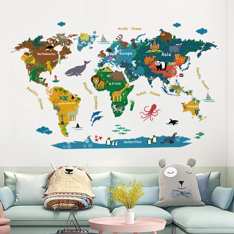 Adesivi murali mappa del mondo dei cartoni animati per camerette Camera da letto per bambini Decorazione murale per aula Sfondi adesivi in vinile autoadesivi