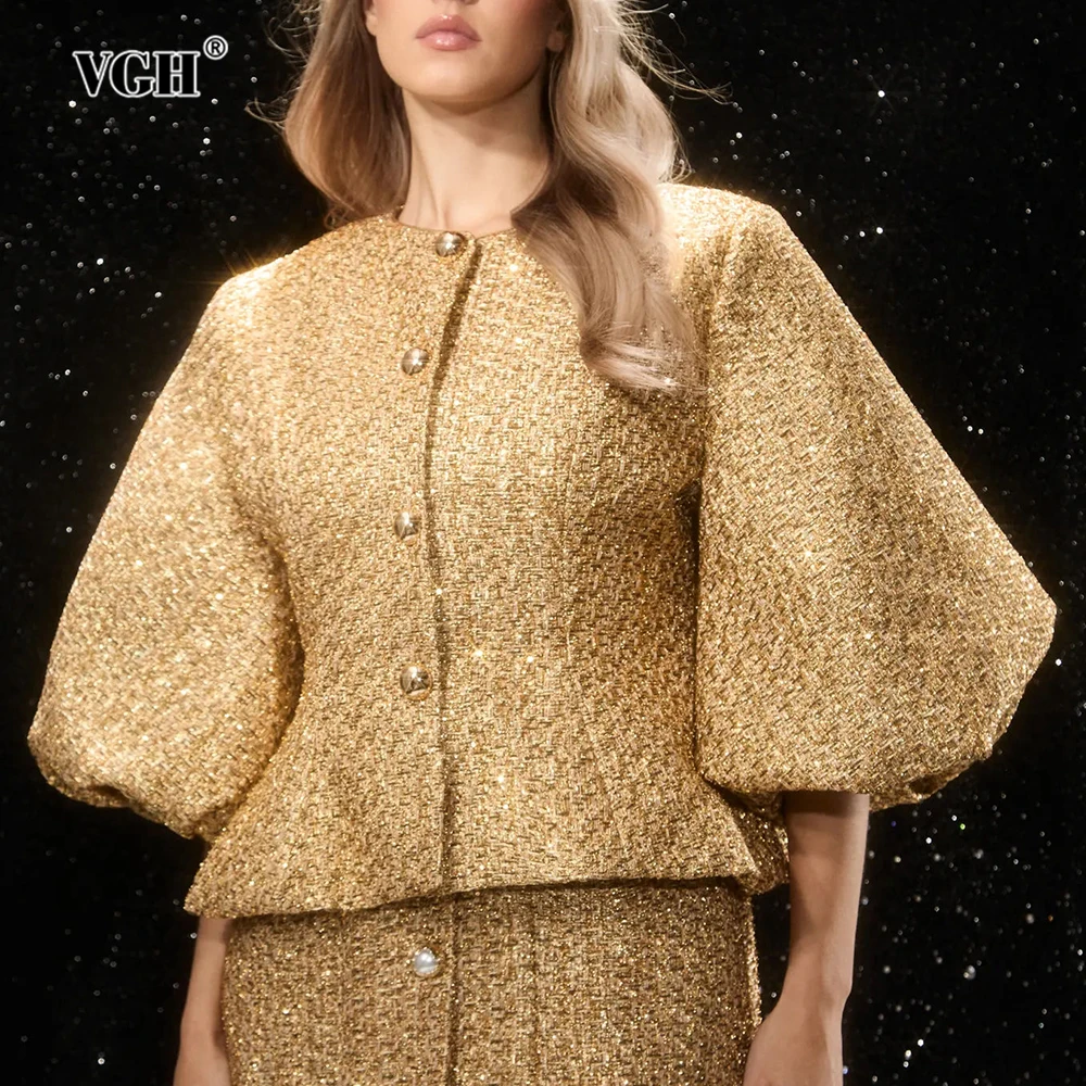 

VGH Solid Loose Temperament Jackets For Women Round Neck Long Sleeve Spliced Button Autumn Elegant Commute Coat Female Fashion