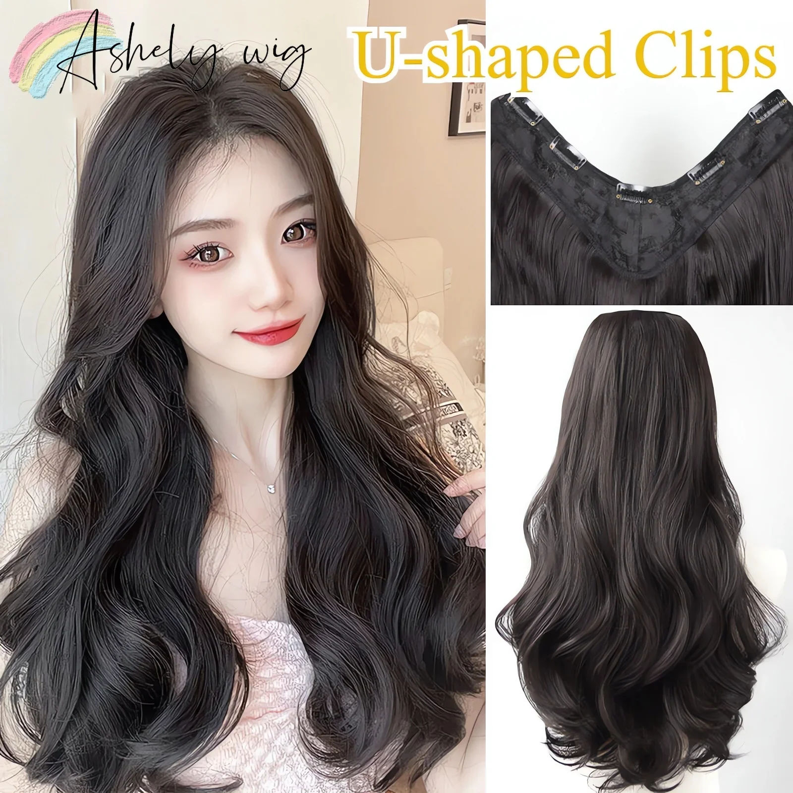 

Wig Black Wave U-shaped Curly Hair Extensions Invisible Synthetic Clip-in Extensions Hairpiece for Women Longhair Extensions