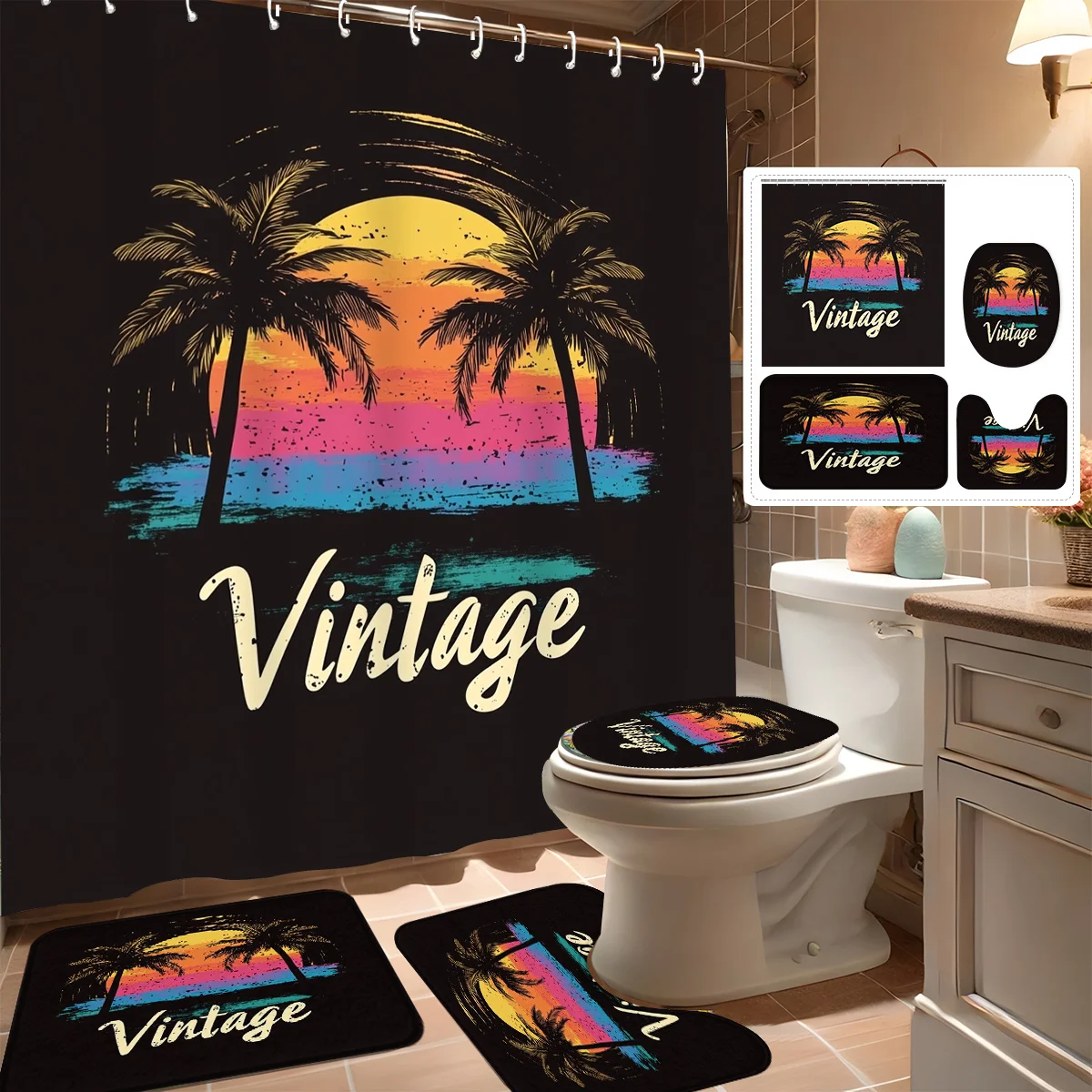 

Набор из 4 занавесок для душа, ретро-дизайн тропического заката пальмы, современный декор для ванной комнаты, в комплект входит 12 крючков, нескользящий коврик для ванной