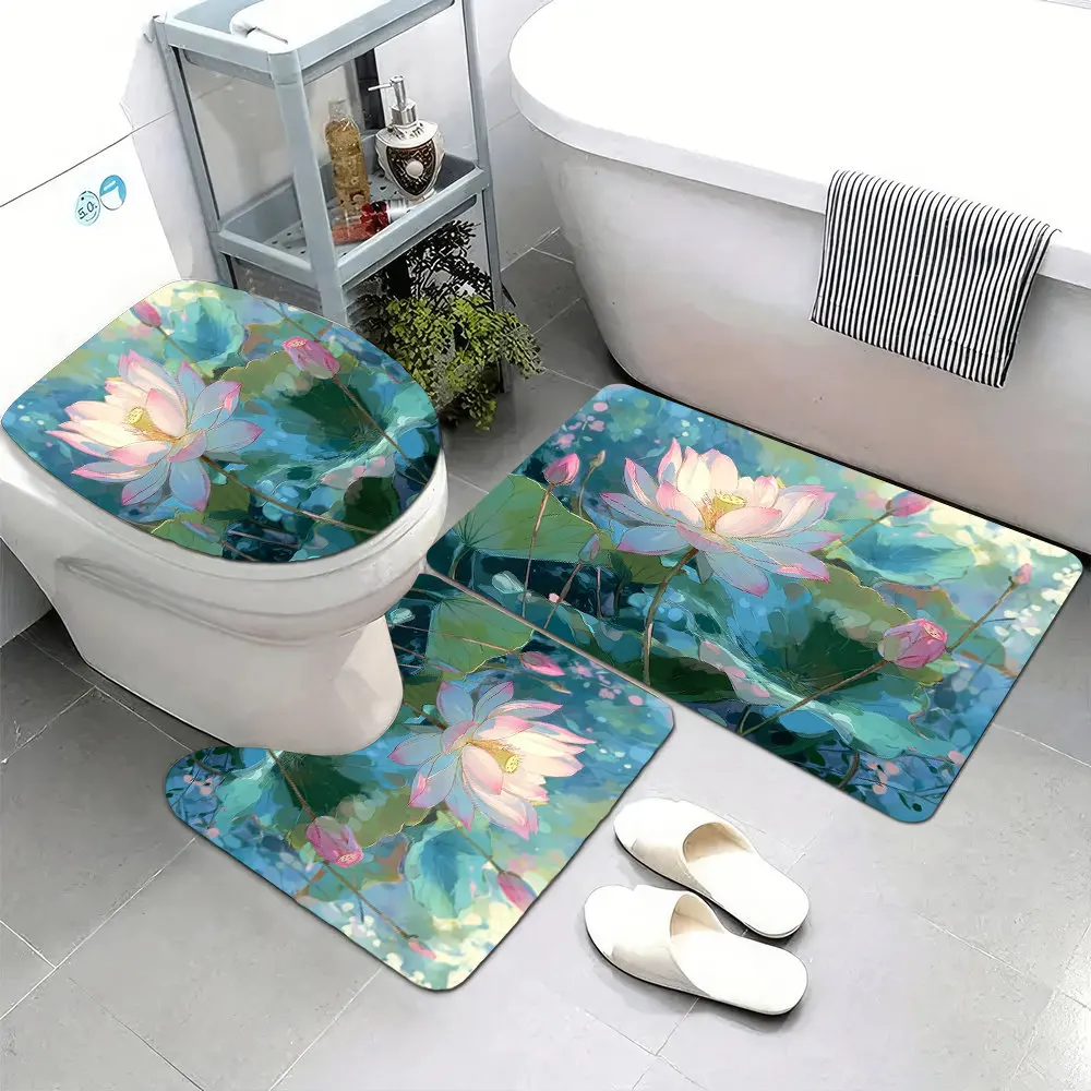

Набор из 3 супермягких ковриков для ванной комнаты, с нескользящей основой, с изображением цветка лотоса на солнце, окруженного зелеными листьями.