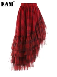 [EAM] High Elastic Waist Red Plaid Mesh Irregular Long Casual Half-body Skirt Women Fashion Tide New Spring Autumn 2024 1DF1247