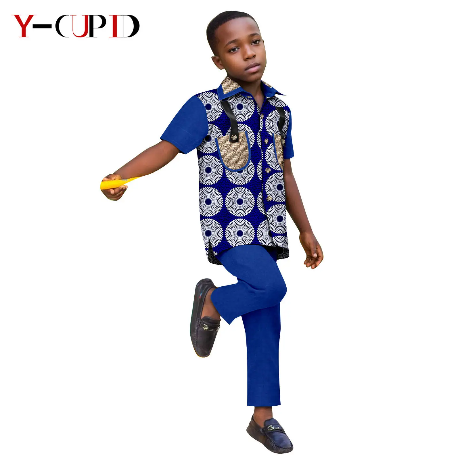 African Clothes for Kids Dashiki Children PU Patchwork Top Shirt and Pants 2 Pieces Sets Fashion Summer Boys Outfits 2446061