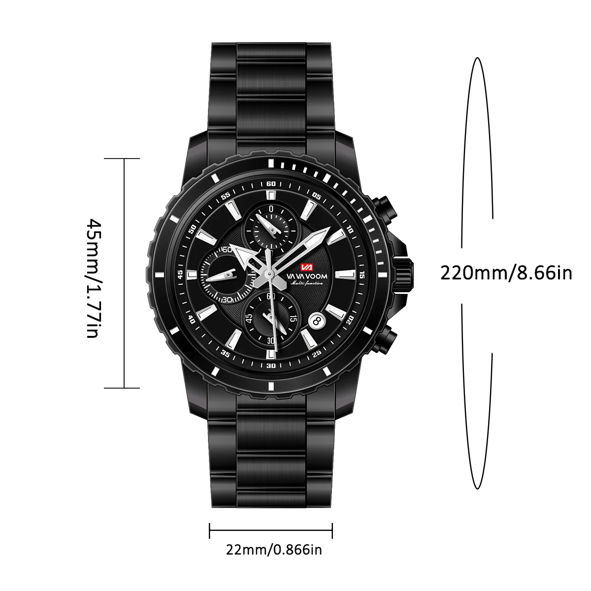Men Watch Stainless Steel Strap Sports Style Multifunctional Dial Black Rose Gold 45mm Large Dial Timing Quartz Movement Watches