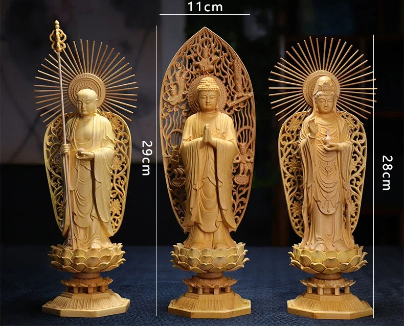 28cm feng shui boxwood  tři buddhy socha shakyamuni dřevo řezbářský guanyin kšitigarbha sochu domácí dekorace domácí řemesel