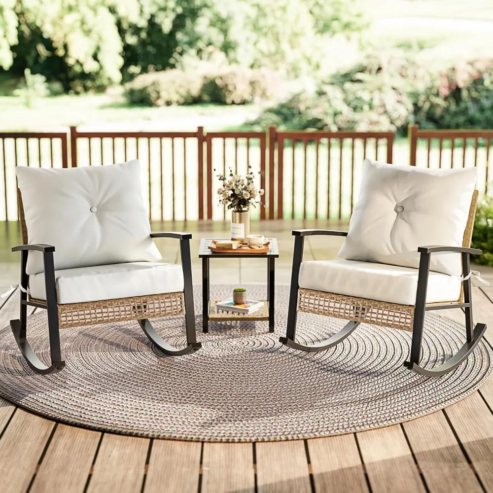 

3 Piece Patio Furniture Set, Outdoor Rocking Chairs Set of 2 with Coffee Table, Patio Bistro Set Patio Rocking Chair Oversize