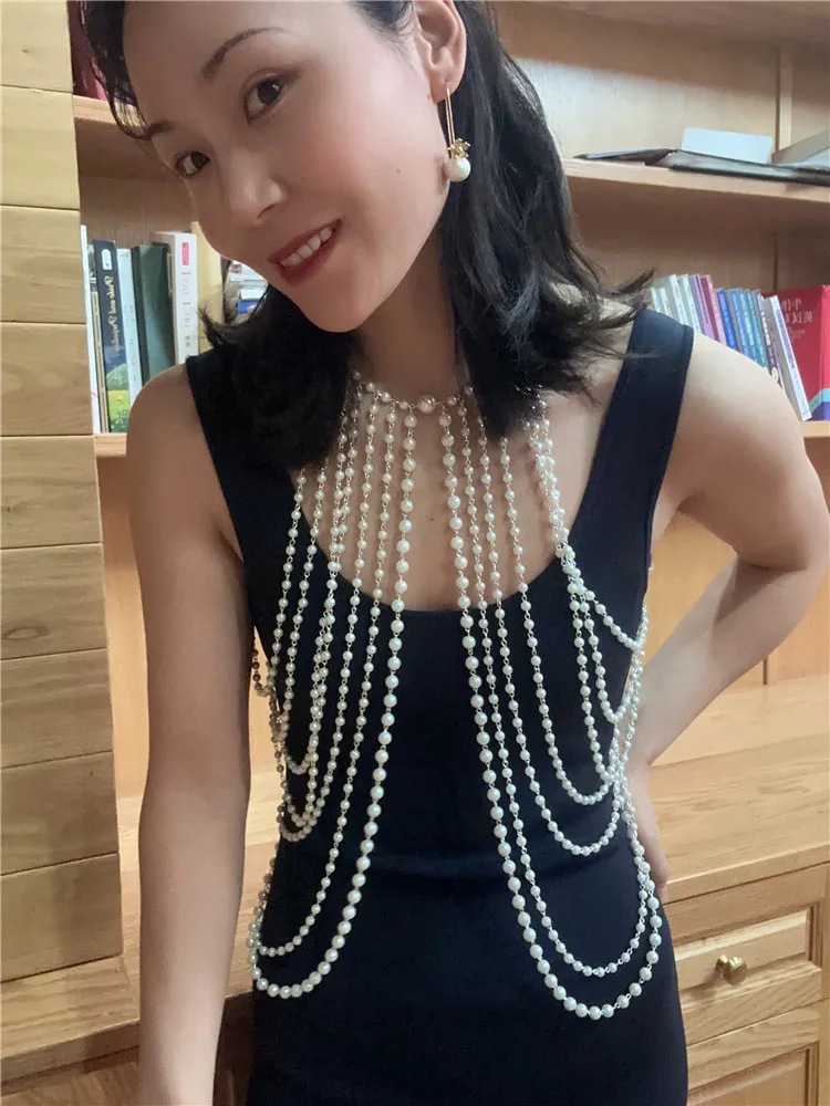 Y2k 빈티지 Luxury Beaded Shoulder Jewelry Pearl Shawl Body Chain Handmade Pearl Top Bra Backchain Woven Bead Body Chains for Women