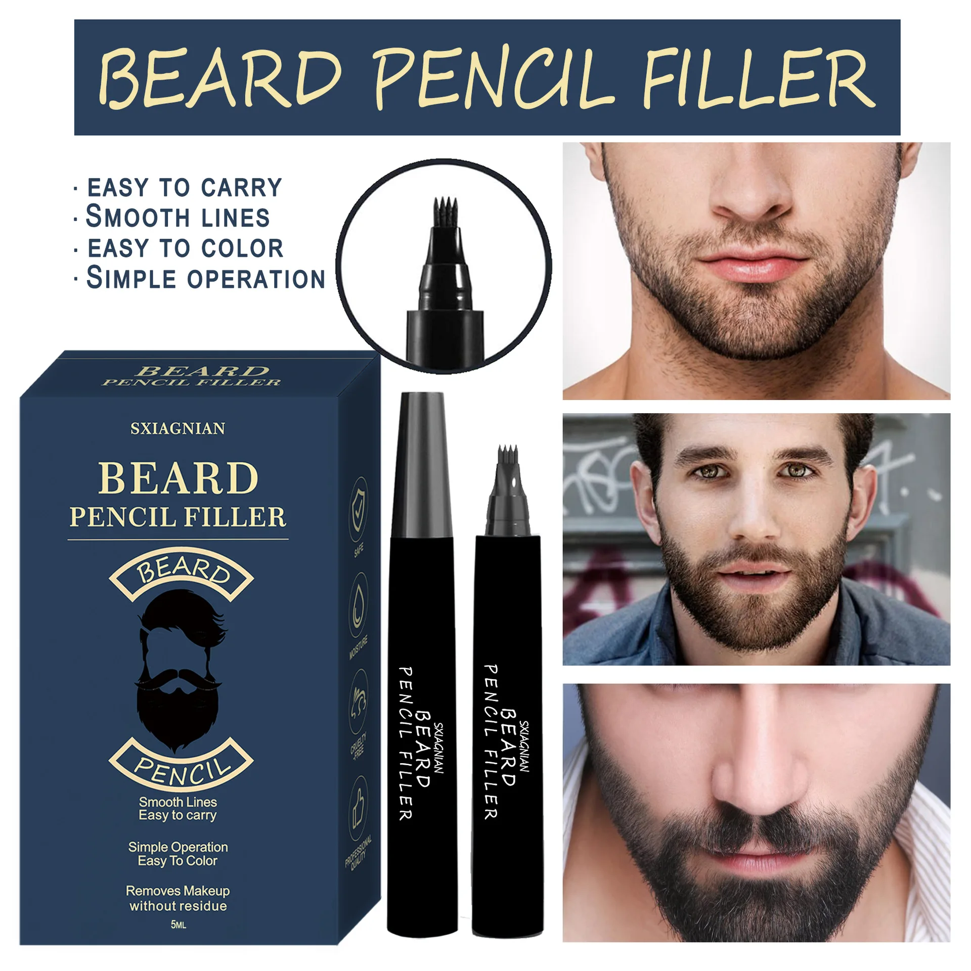 Beard Filler Pen Natural Sweat Resistant Quad Fork Beard Pen 5 Piece Set Beard care products