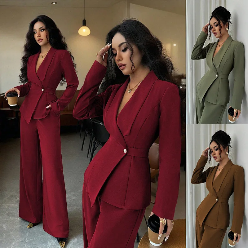 

women's suit temperament fashion long-sleeved blazer straight pants up and down two-piece 2026 autumn cross-border American