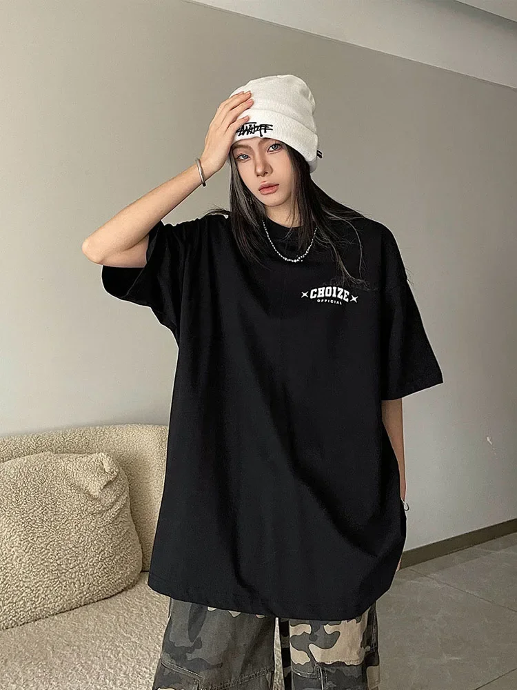 HOUZHOU Oversized Graphic Cotton T-shirts Women Harajuku Hip Hop Style Tees Female Grunge Y2k Korean Streetwear White Black Tops