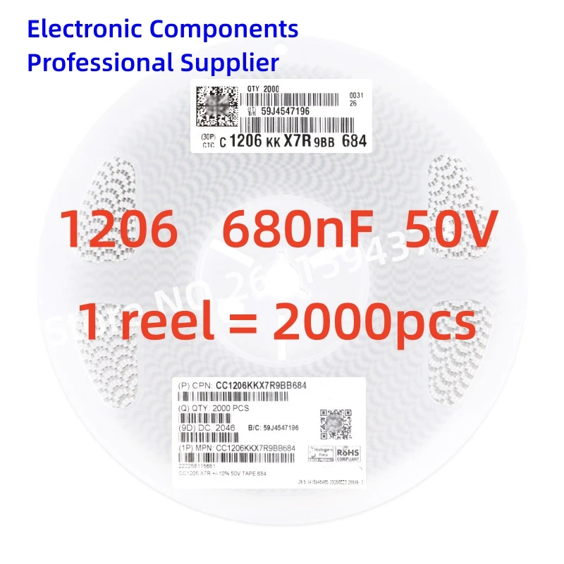 

2000pcs/reel SMD chip capacitor 1206 680NF 684K 50V 3216 3.2X1.6mm 10% X7R CC1206KKX7R9BB684 NEW High quality 1 reel