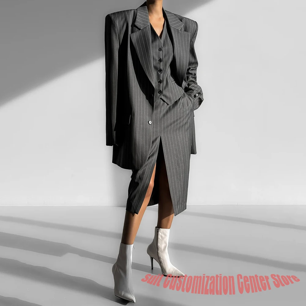 Women's Pinstripe Oversized Blazer Set 3-Piece Formal Suit (Jacket+Vest+Midi Skirt) with Split Hem Elegant Office Party Outfit