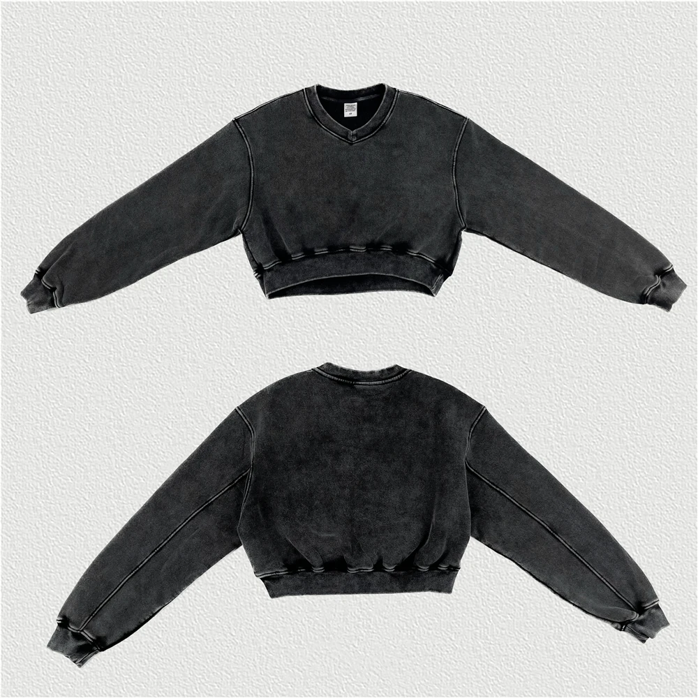 Retro Winter Women Super-Short V-Neck Sweatshirt Female Thick Fleece Raglan Pullover 380gsm