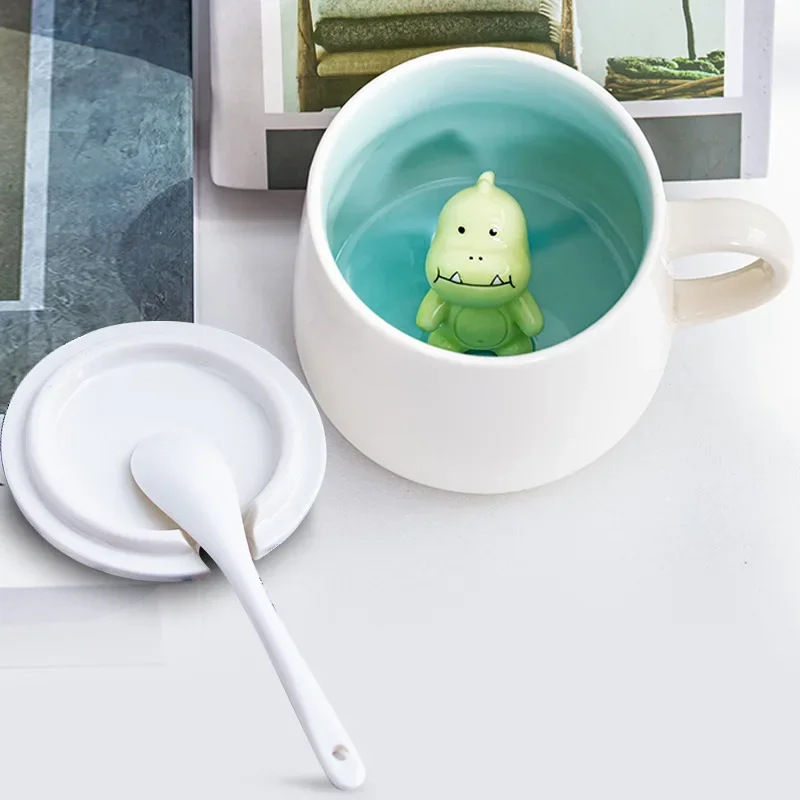 Animal Ceramic Cup Hidden 3D Animal Inside Mug,Cute Cartoon Handmade Figurine Mugsfor Coffee Milk Tea With Lid and Spoon