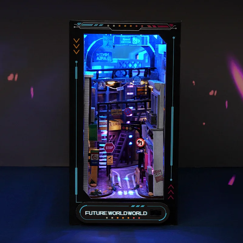 Imagem -02 - Madeira Miniatura Book Nook Insert Kits Faça Você Mesmo Building Kit Cyberpunk World Bookend Assembly Estante Decorações Home Decoração do Quarto de