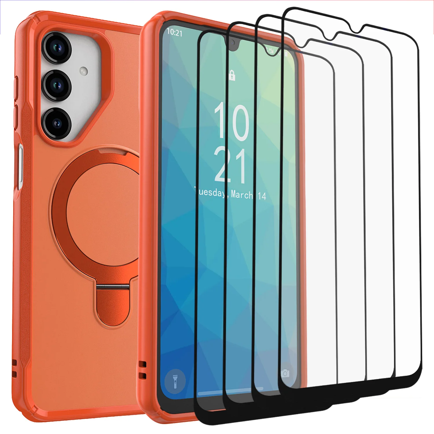 

Orange For Samsung Galaxy A16 5G Case Magnetic Shockiproof Ring Kickstand Cover With 4pcs Tempered Glass Screen Protectors