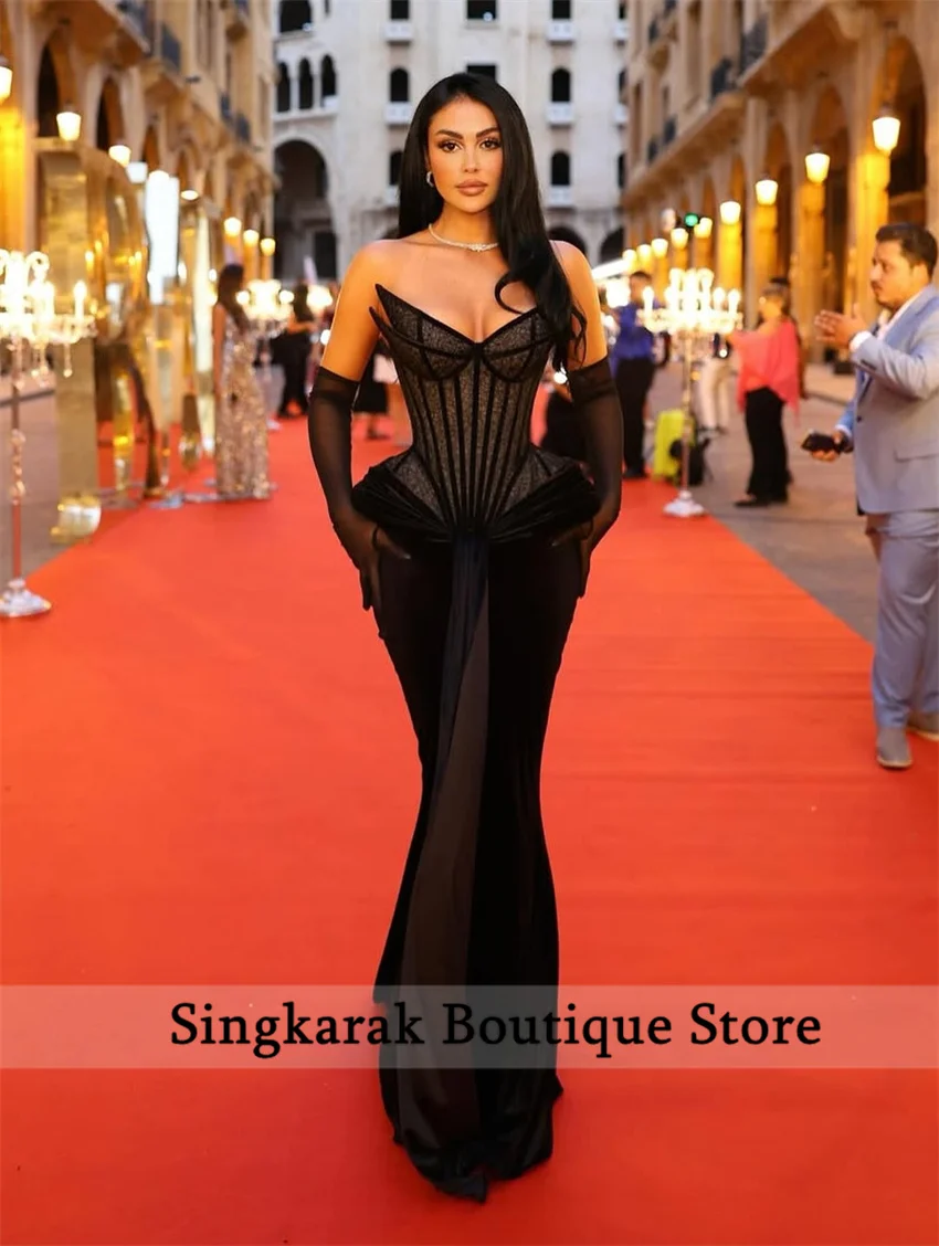 

Sexy Mermaid Prom Dress Lace Beading Velvet Evening Dresses With Gloves שמלות ערב Prom Party Wedding Party Customized