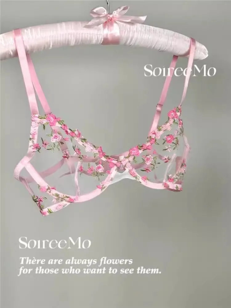 Vintage Französische Dienstmädchen-Sexy-Dessous, durchsichtiges Set mit Blumenstickerei, schwere Spitze, 32–38 AB, bequeme Unterwäsche in Übergröße MOYISU – Detail 15