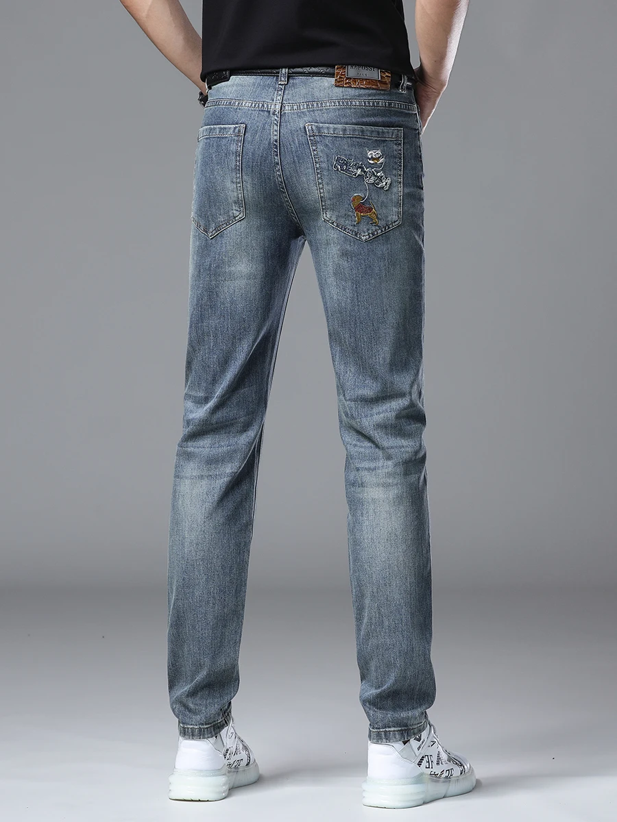 

Elegant Embroidered Slim Fit Men's Jeans Summer New Style Trendy Casual Long Pants Cotton Elastic Denim Youth Popular
