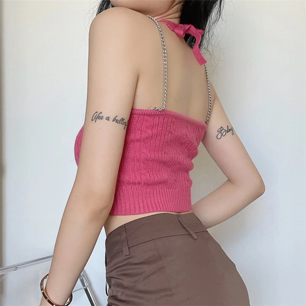 

Versatile Vintage Slim Tank Tops Sexy Sweet Clavicle Chain Short Vest Heart Embroidered Camisoles Girls Top Y2K Crop Top