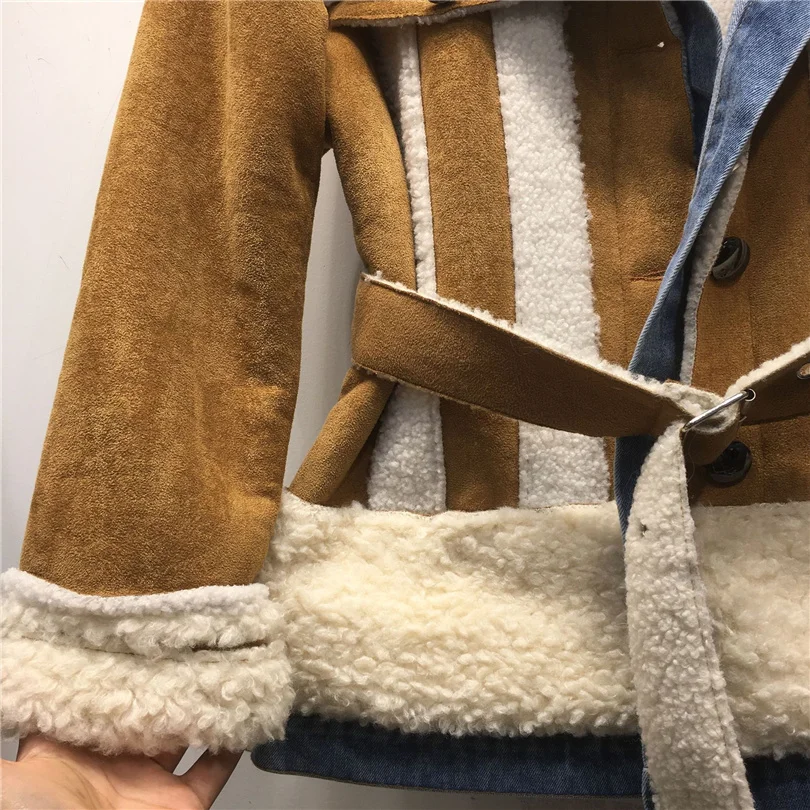 2023 Faux female fur coat new winter imitation lambswool flocking thick jacket fashion chic patchwork denim outwear streetwear