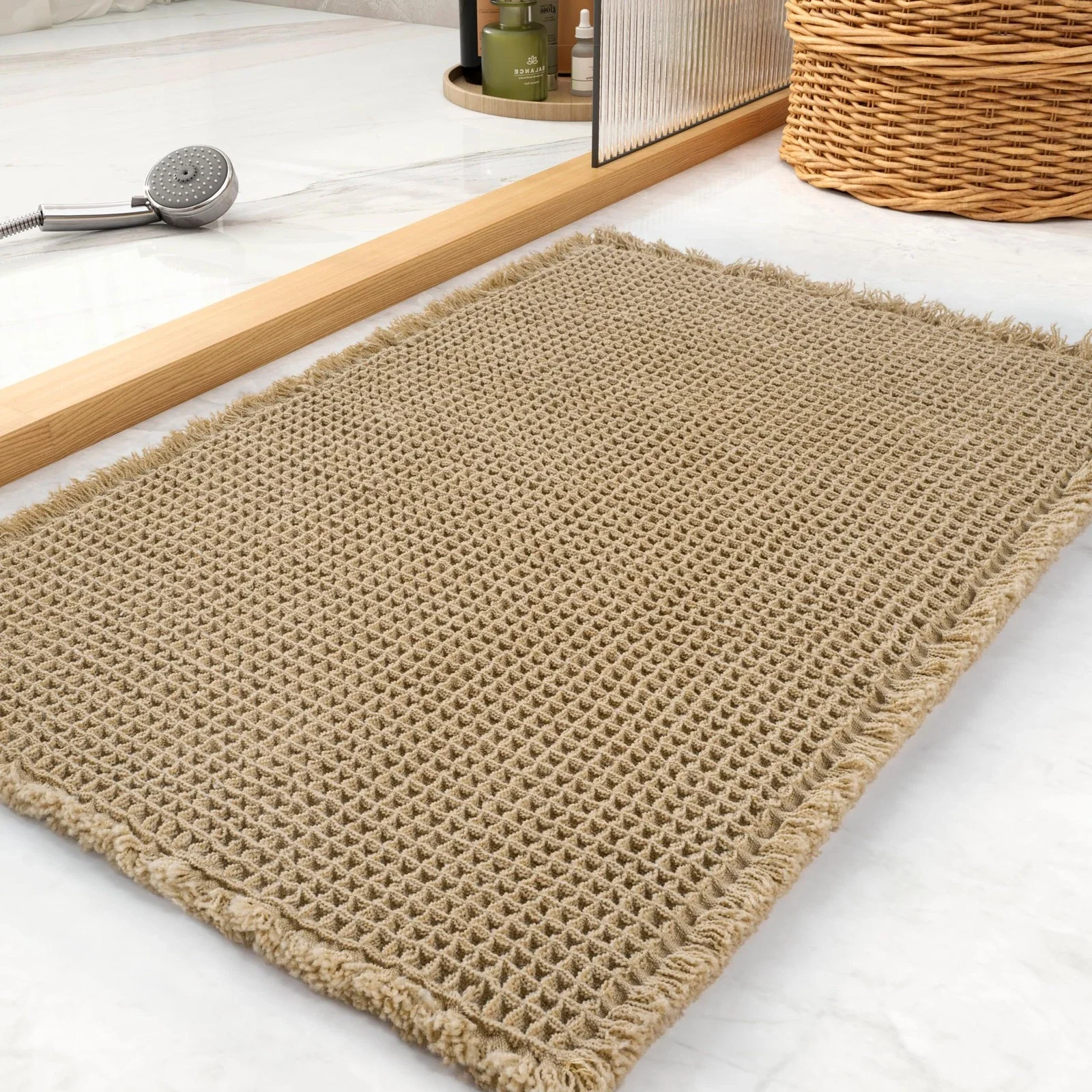 Alfombra de Baño Tipo Waffle, Super Absorbente, Antideslizante, Estilo Boho, Lavable, de Secado Rápido, Decoración para Baño Rústico
