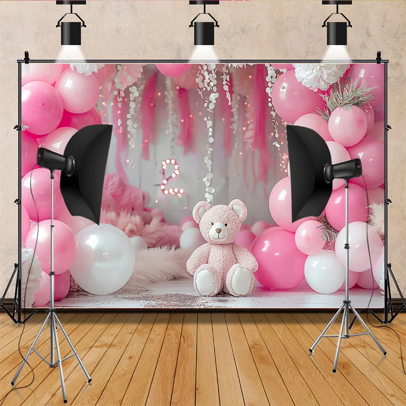 Happy Birthday  Photography Background  Number Pink Bear doll Hydrogen balloon Floral  Baby  Party  Backdrops  SR-71