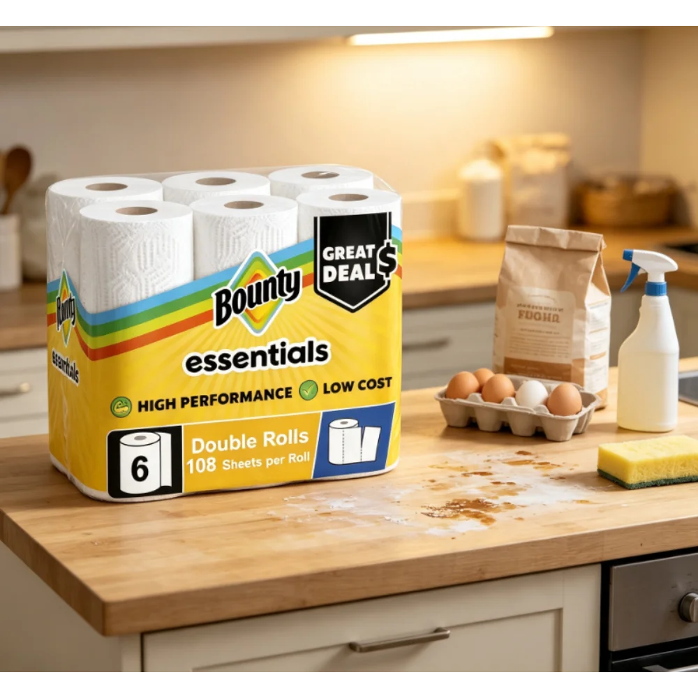 Bounty Essentials Paper Towels Select-A-Size 6 Double Rolls, White, 108 Sheets Per Roll